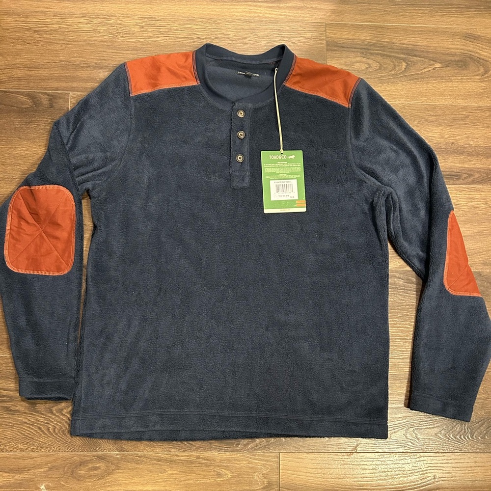 Toad&Co Cashmoore Henley fleece sweatshirt Navy Men’s Large NWT elbow patches